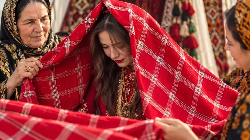 Traditional red Chashu textile representing Turkmen silk weaving and wedding heritage in northern Iran.